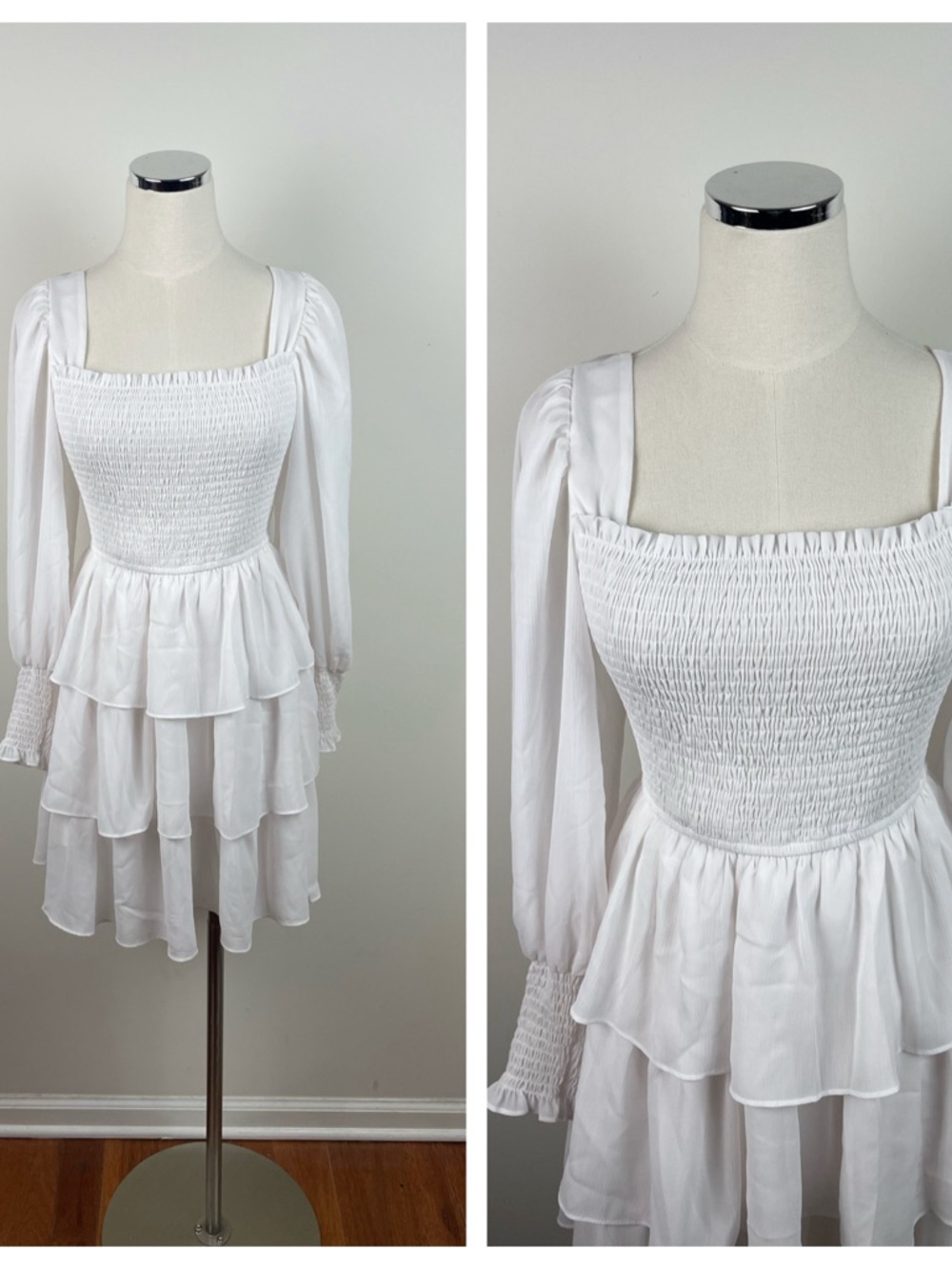 Byinns White Smocked Ruffle Long Sleeve Dress Women Medium